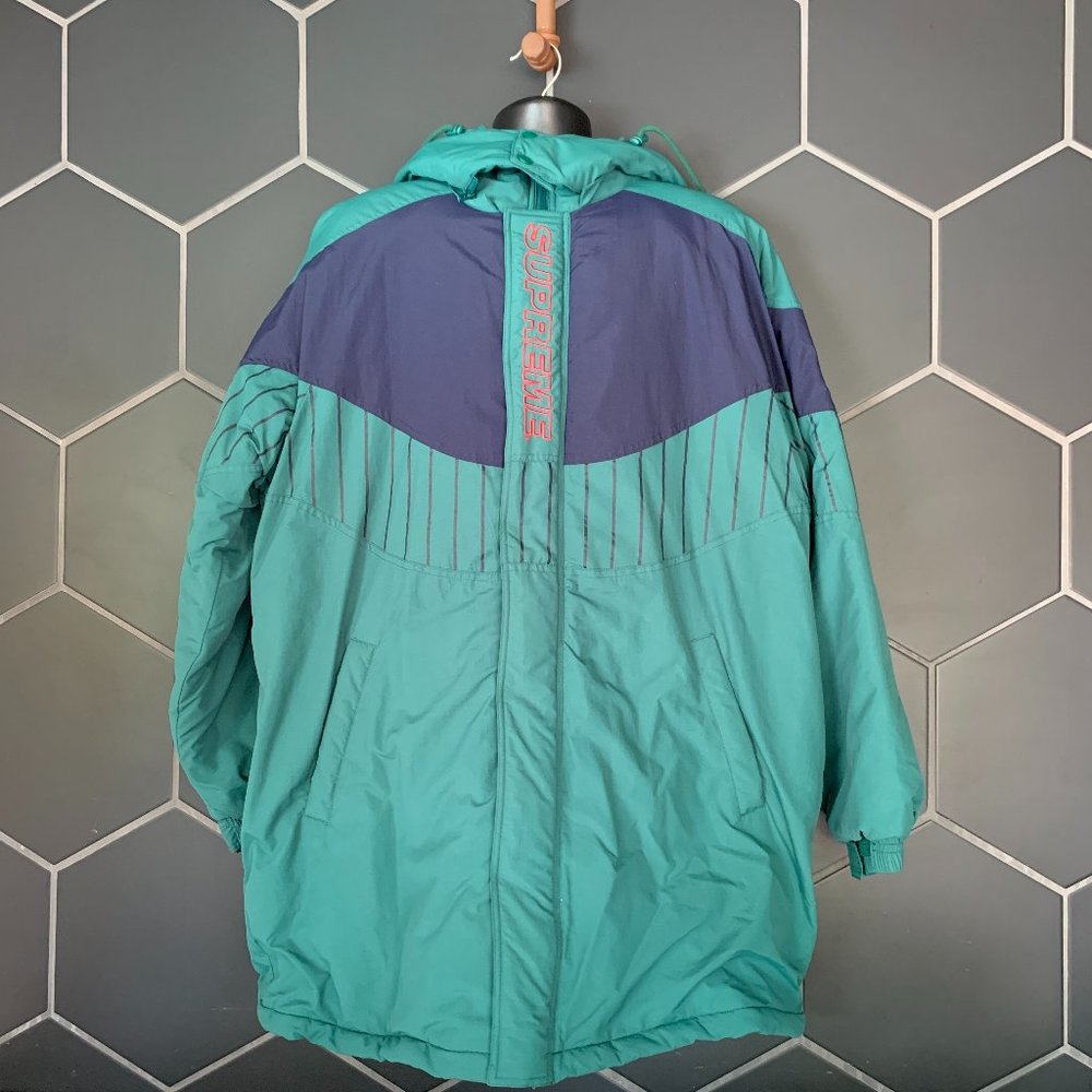 ~Used Mens Supreme Green Navy Blue Zip Up Button Up Hooded Winter Jacket Size XL